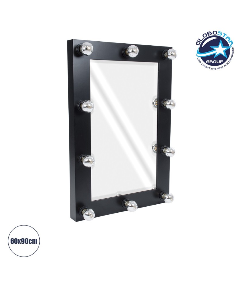 GloboStar® MAKEUP MIRROR-60x90-5 Μοντέρνος Καθρέπτης Μακιγιάζ με Πλαίσιο Φυσικού Ξύλου με Διακόπτη On-Off 10 x E27 AC220-240V - Μ60 x Π7 x Υ90cm - Μαύρος Έβενος